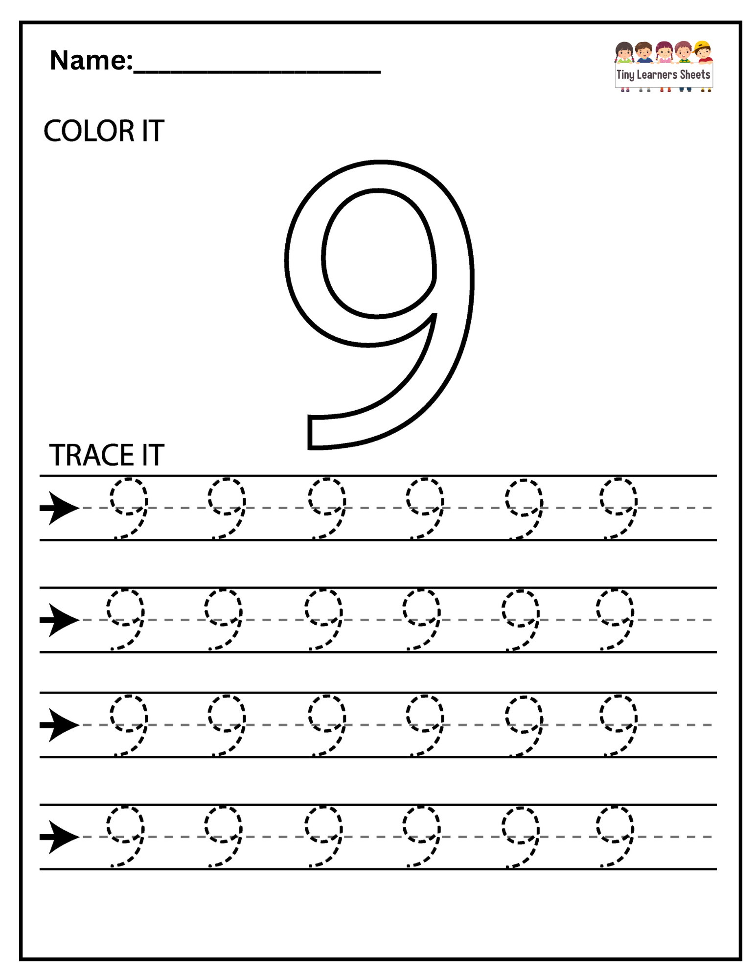 Number Nine Tracing Worksheet